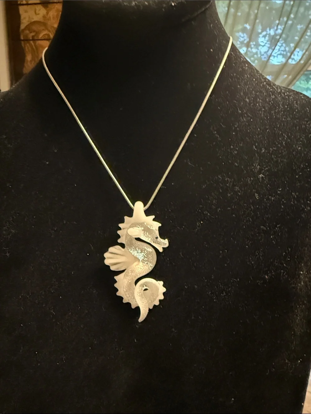 Artisan created glass hand blown sparkly, seahorse pendant on Silvertone chain